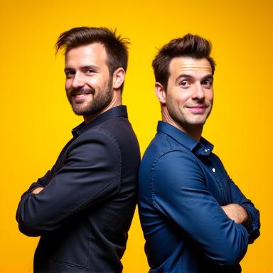Two male comedians, The 'Good Mates' Duo, back-to-back.