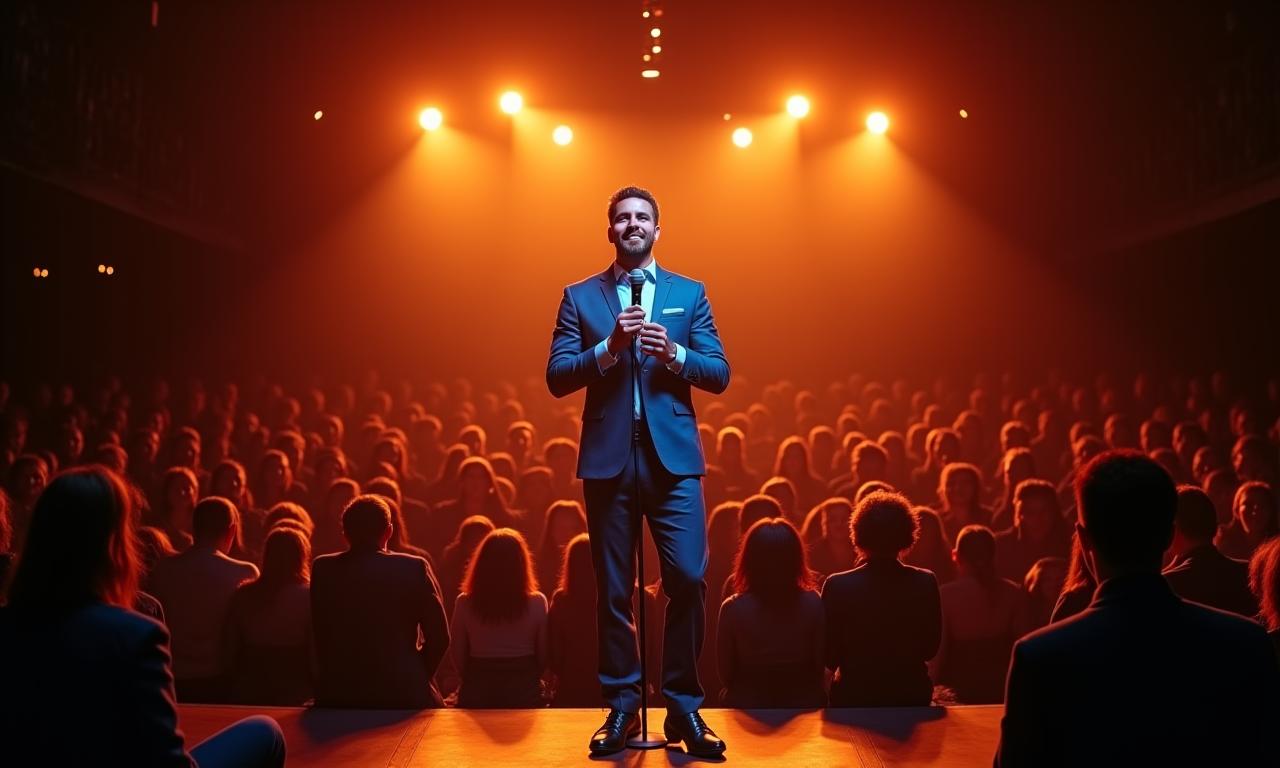 A comedian on a brightly lit stage in front of a large, laughing audience.