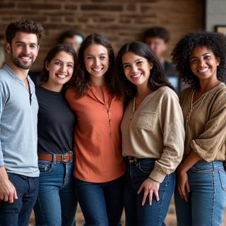 A group of diverse, aspiring comedians standing together smiling.